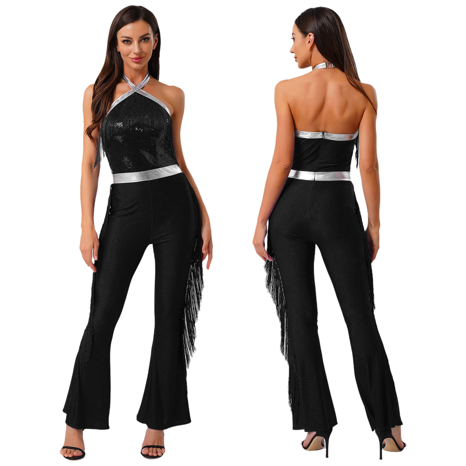 

Temperament Women Glittery Disco Jazz Tango Dance Costumes Metallic Fashion Flared Pants Jazz Waltz Stage Performance Jumpsuits