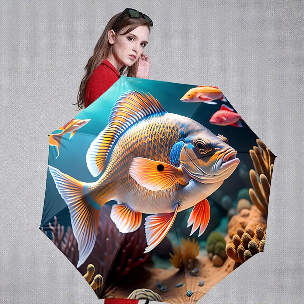 Colorful Underwater Scene with Tropical Fish Design portable waterproof sun rain umbrella for outdoor travel beach