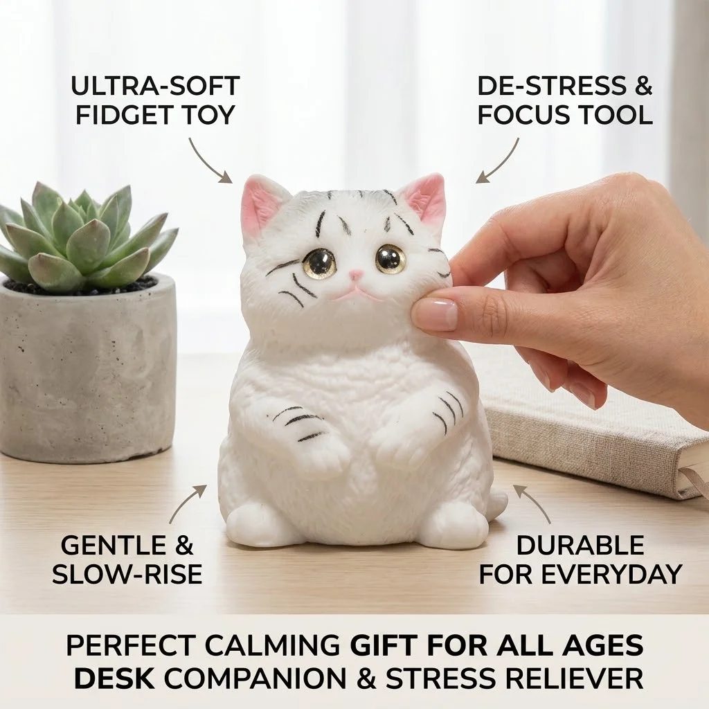 Adorable White Cat Squishy, Soft Squeeze Fidget Toy, Kawaii Sensory Stress Relief, Satisfying Squish, Cute Desk Toy