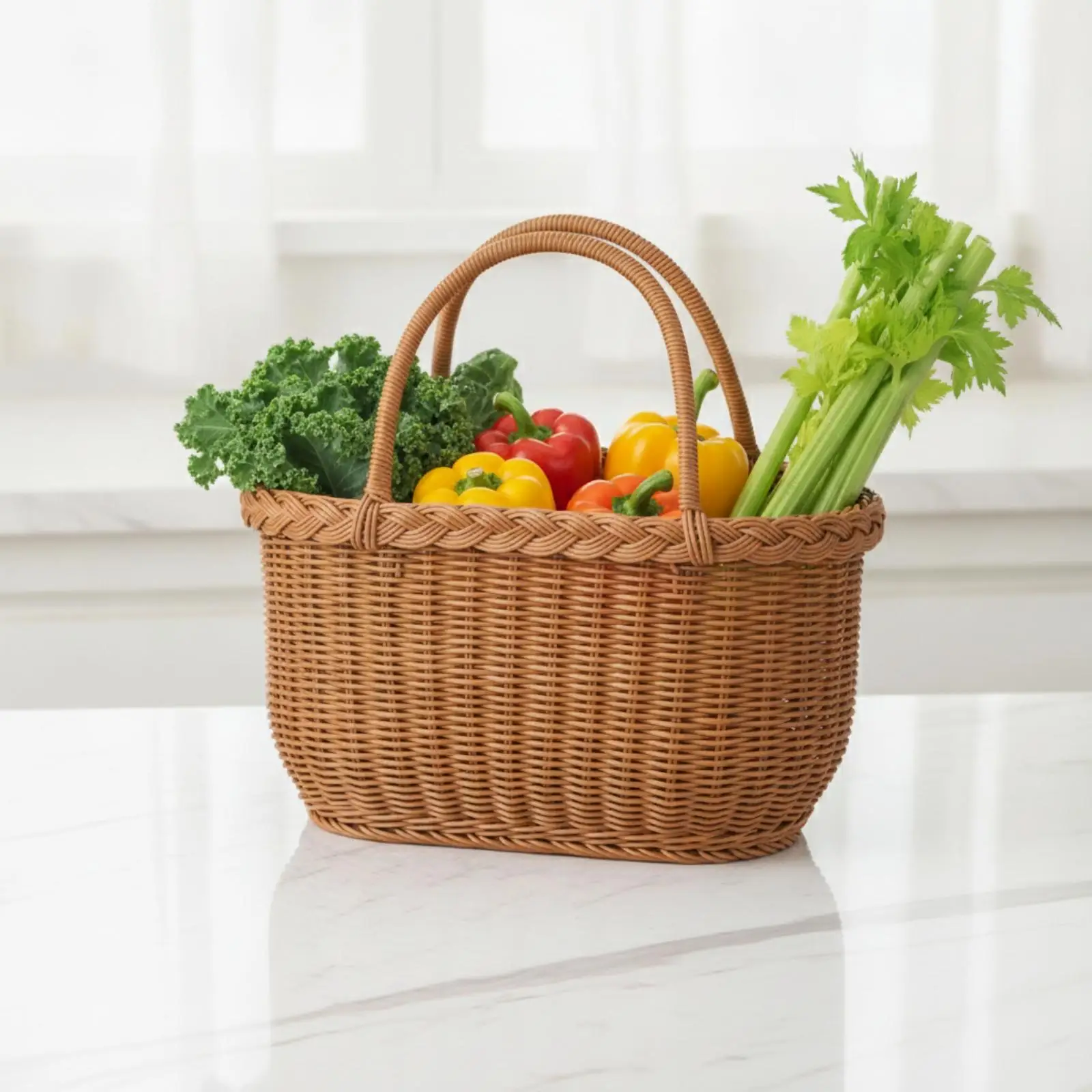 Open-Top Market Basket with Iron Frame Rectangular Rattan Basket with Handle