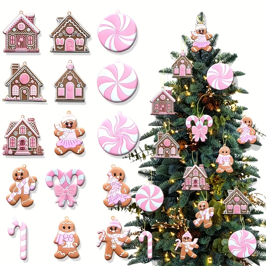15Pcs Cute Pink Gingerbread Man Christmas Ornaments Set, PVC Soft Rubber Xmas Tree Hanging Decorations for Holiday Party