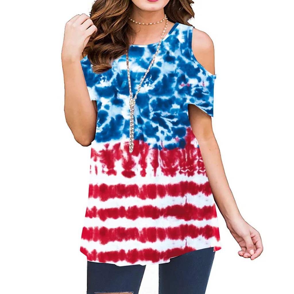 Woman's Tshirts Superior Quality spring/summer Off Shoulder O Neck Tie Dye Print Sale Ladies Top Dropshipping SLSM80509