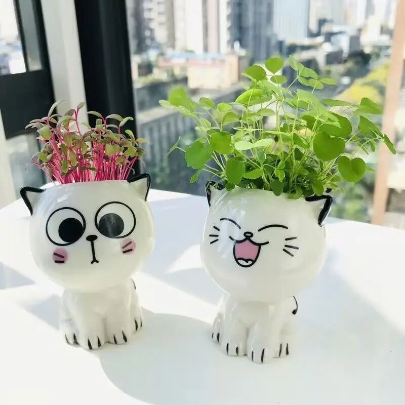 Vaso de cerâmica mini gato em forma de desenhos animados bonito vaso de mesa planta expressão vaso de mesa gato planta vaso de mesa decorar pequeno