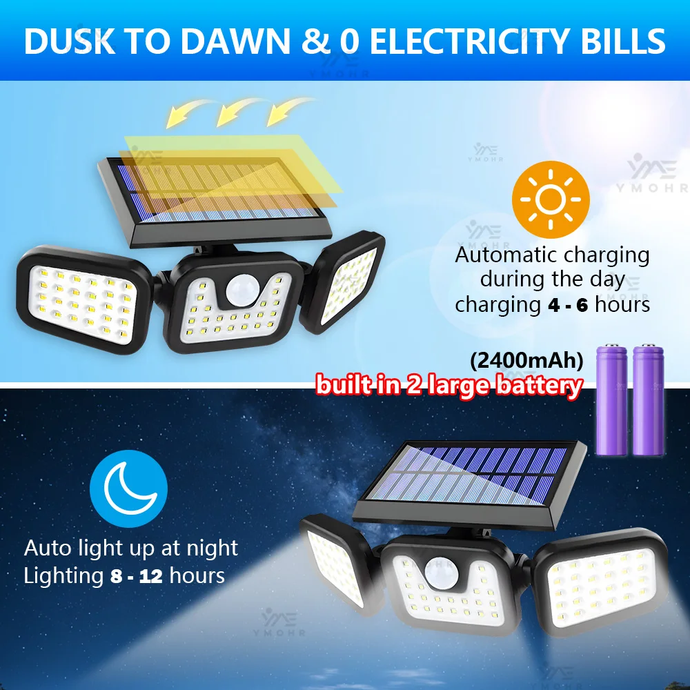 Led Solar Light Outdoor Motion Sensor Human Body Sensing Adjustable Head Ip65 Waterproof Solar Three Head Wall Lamp Garden
