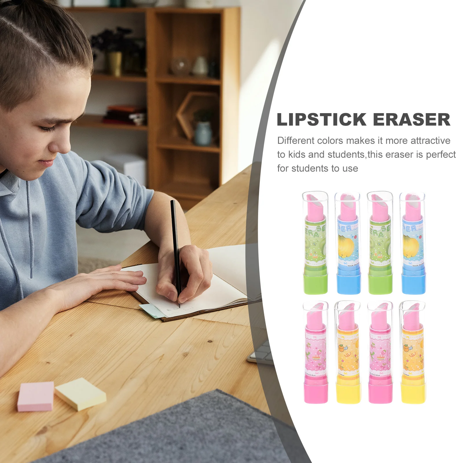 8 stücke Lippenstift Form Radiergummi Kreative Schreibwaren Obst Muster Bleistift Radiergummi Kreative Geschenk für Kinder Studenten (Farbe)