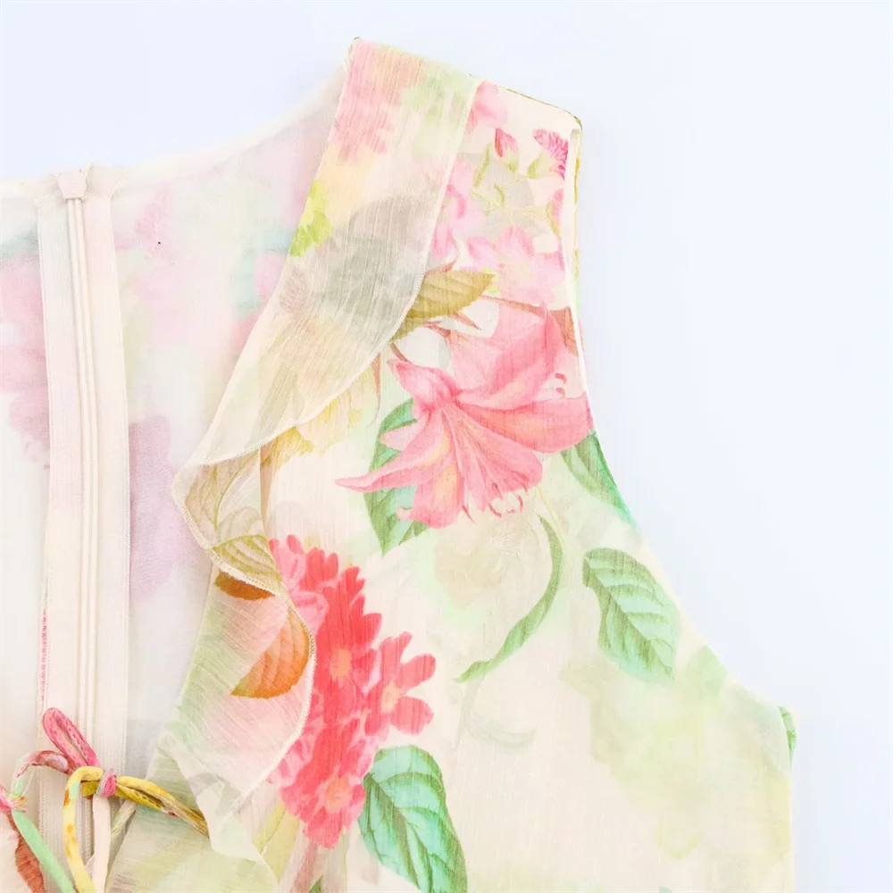 BM&MD&ZA2025vestido decorativo em camadas com decote em V, sem mangas, estampa de flores, design sem cintura, saia linha A, verão, novas roupas femininas