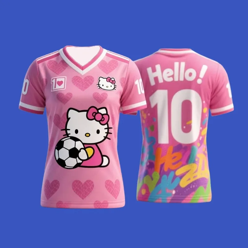 

MOTO-2025 Женская спортивная футболка с короткими рукавами и принтом Hello Kitty Футбольная спортивная футболка Дышащая и удобная