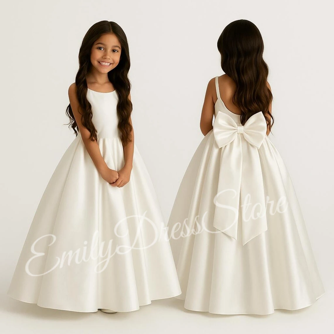 

Customized Ivory Flower Girl Dress For Wedding Satin Suspenders Puffy Simple Baby Kids Birthday Party First Communion Ball Gowns