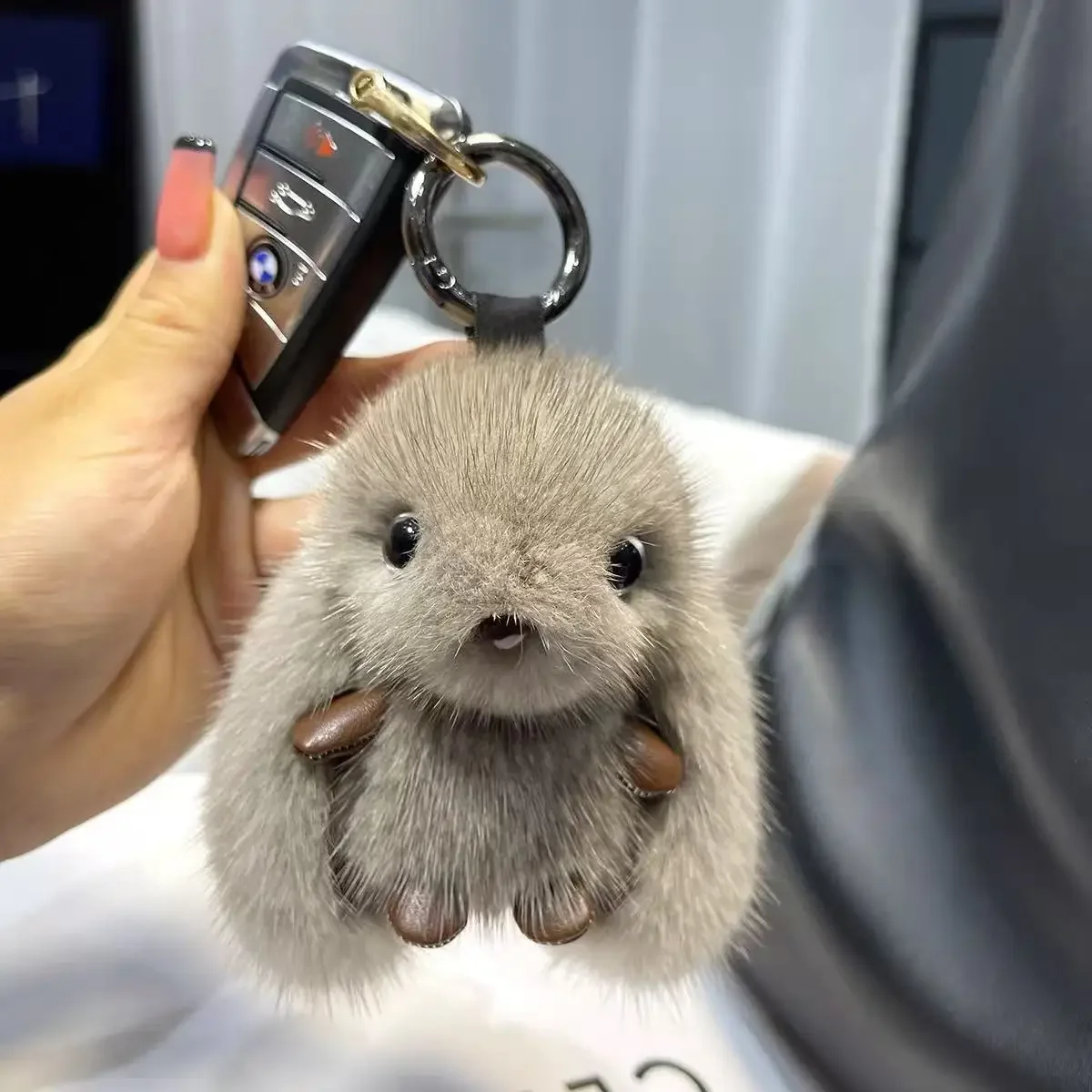 Pastel Brown Fluffy Bunny Keychain with Big Eyes And Plush Ears Playful Car Keyring Plush Charm