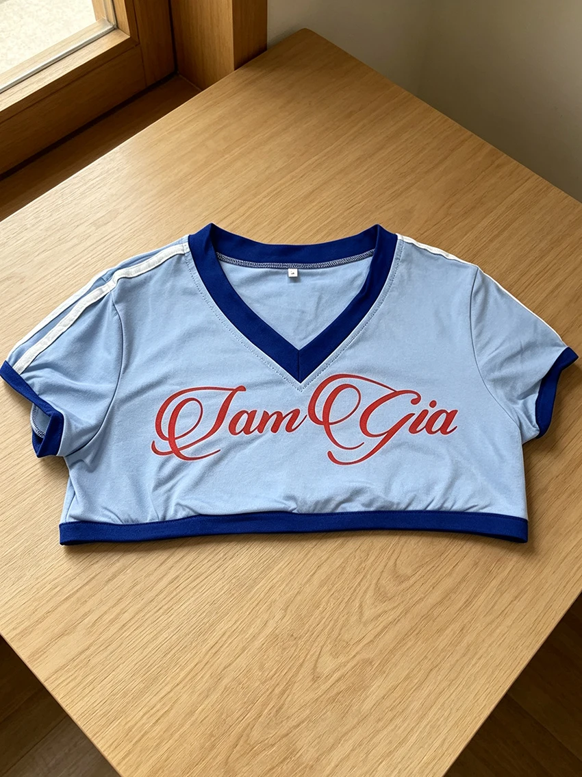 Y2K Preppy Women Ultra Crop Tee V Neck Short Sleeve Letter Print Contrast Color Trim Slim Fit Casual Streetwear Summer Girls Top