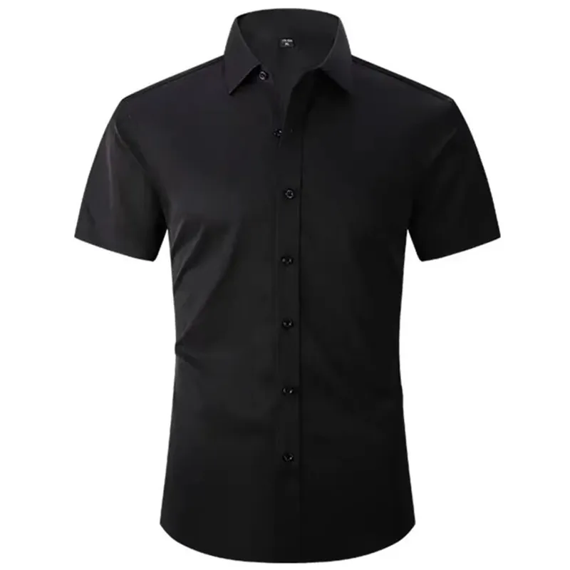 Classic Men\'s Business Shirts Summer Short Sleeve Solid Elastic Non-ironing Anti-wrinkle Business Slim Fit White Shirts Plus 5XL