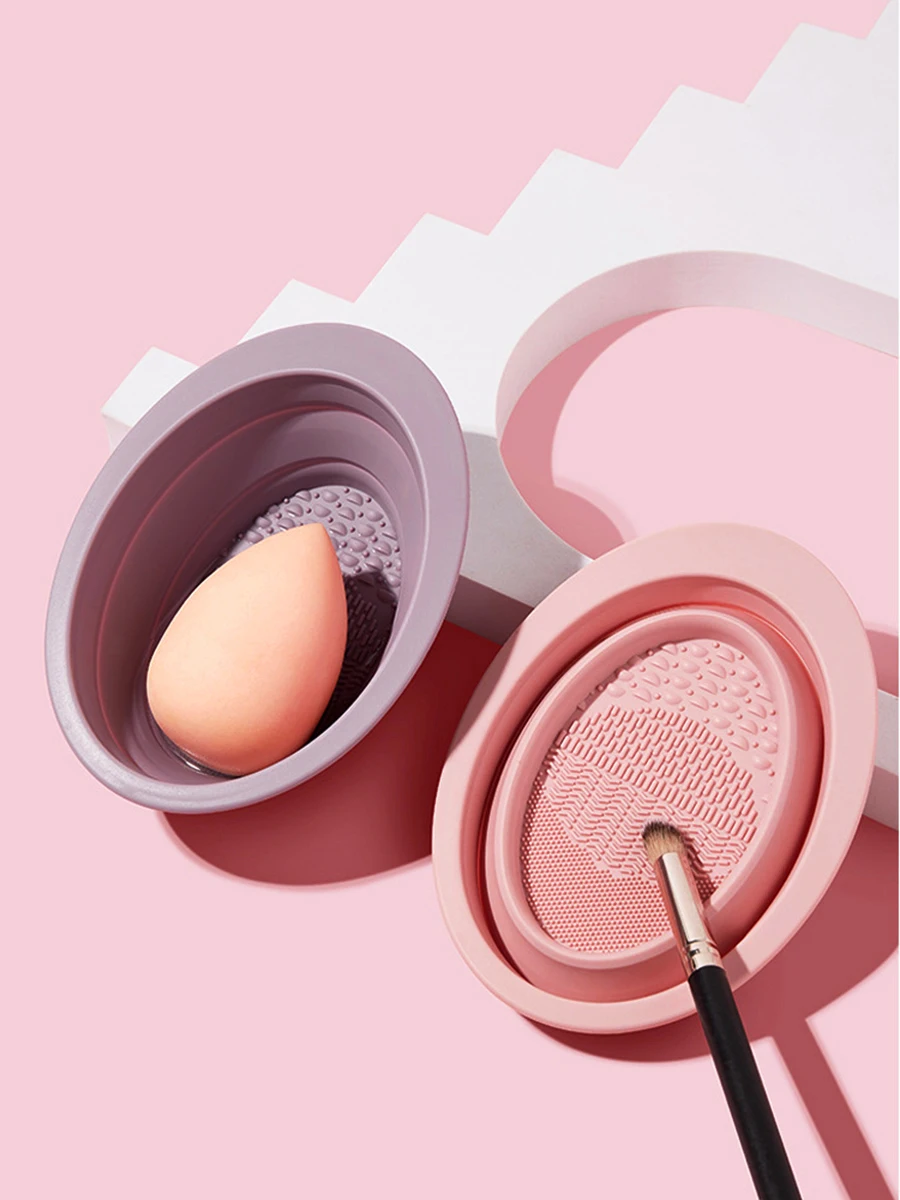 Escova de maquiagem puff tigela de limpeza sílica gel dobrável portátil beleza ovo ferramenta de limpeza para mulher