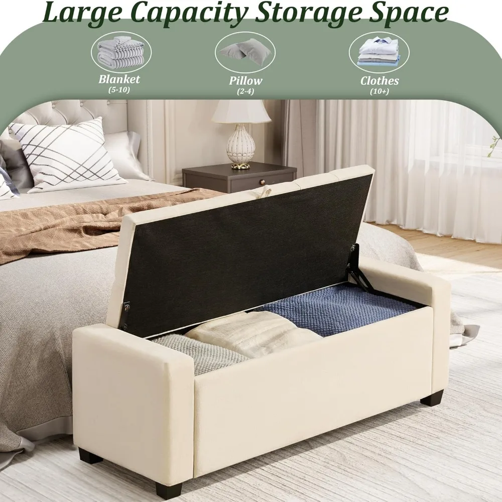 مسند تخزين مع مقعد معنقدة منجد، مفصل أمان، يدعم 350 رطلاً، مقعد مدخل لغرفة النوم وغرفة المعيشة #5