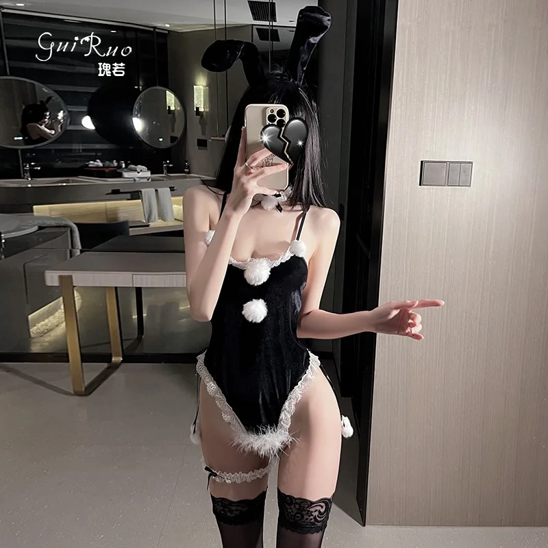 

For Adults Velvet Bunny Costume Set Plush Trim Low Back Role Play Christmas Party Seductive Dress-Up Lingerie Bodysuit with Stoc