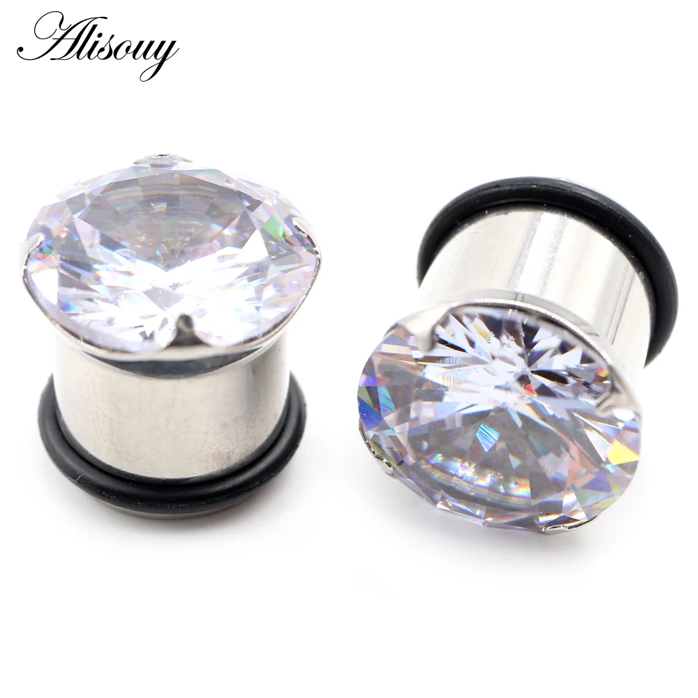Alisouy 2PCS 4-12mm Titanium Solid Zircon Single Flared Ear Tunnel Plugs Expander Stretcher Gauges Earring Piercing Body Jewelry