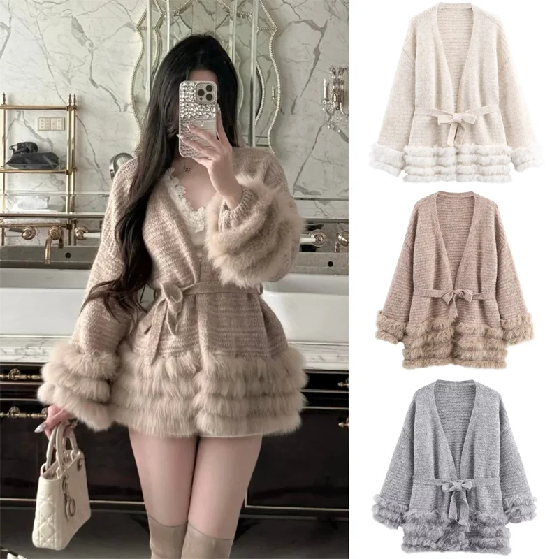 

Women's Jacket 2025 Autumn New Style Solid Color Long-Sleeve Fuzzy Trim with Waist Belt Loose Knit Cardigan Coat Elegant