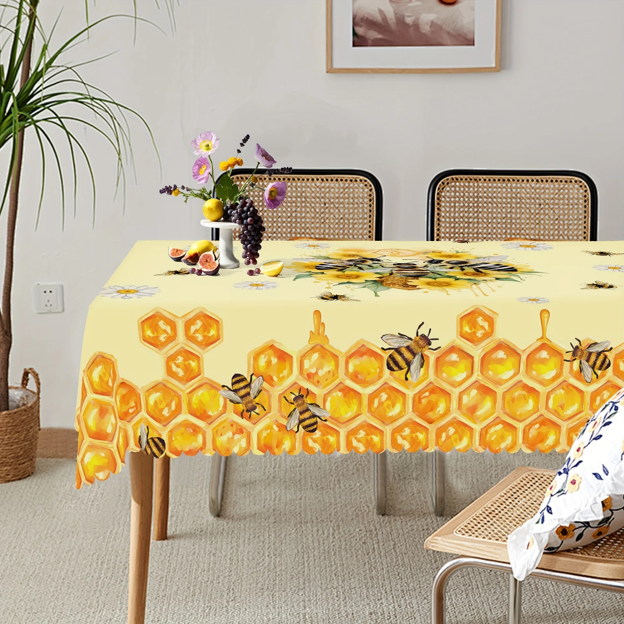 

Bee Daisy Printed Tablecloth Wedding Party Decor Washable Summer Floral Bee Hive Rectangle Tablecover Kitchen Dining Table Decor
