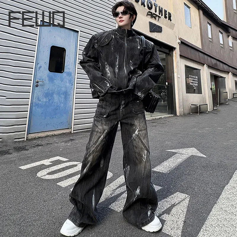 

FEWQ Patchwork Men's Denim Suit Casual Male Jacket Gradient Color Pleated Stand Collar Zipper Men Wide Leg Jeans New 2024 9C4667