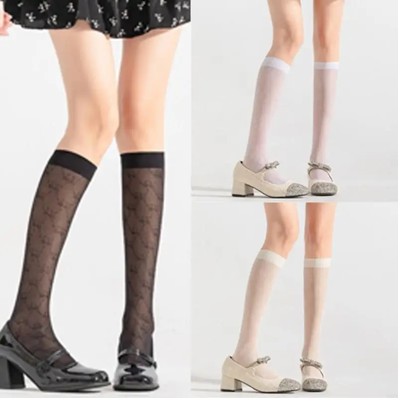 Y88A Women's Trouser Socks Diamond Florals Sheer Knee High Socks Nylons Silk Stockings Sweet Knee High Stockings