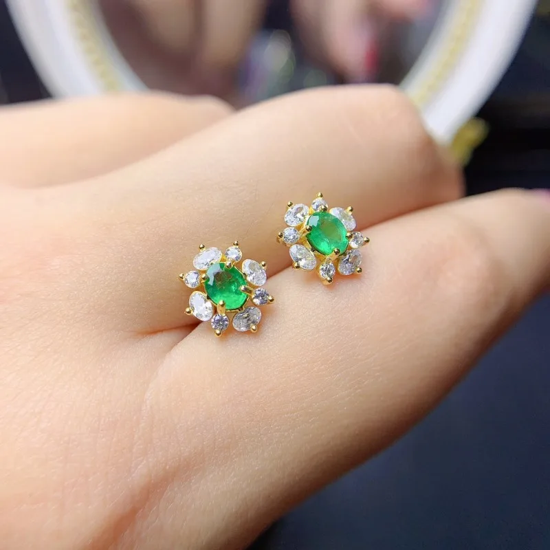 Natural Columbia Emerald Earrings for Women Anniversary Gift Fine Jewelry 925 Sterling Silver 4*5mm Gemstones