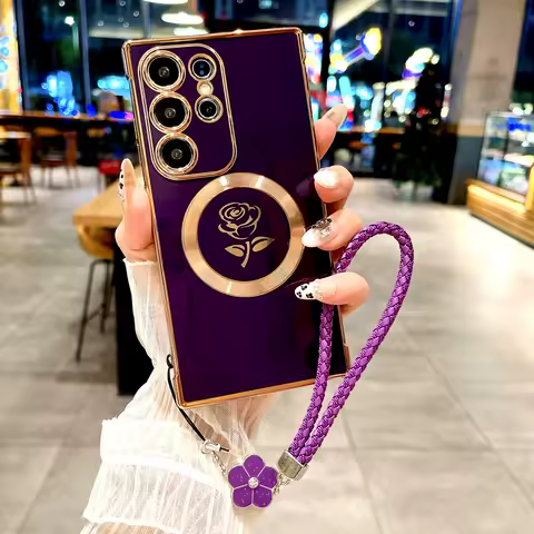 Plating Soft TPU Rose Case For Samsung Galaxy S25 S24 S23 S22 S21 Ultra Plus S25Ultra For Magsafe Charge Cover &amp;Lanyard Bracelet