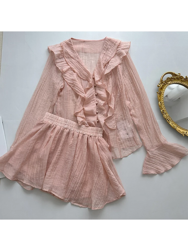 French Elegance Fairycore Outerwear 2 Piece Shorts Sets V-Neck Blouses Flare Sleeve+Elastic Waist Shorts Y2k Chic Autumn Winter