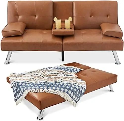 

Faux Leather Upholstered Modern Convertible Futon, Adjustable Folding Sofa Bed, Guest Bed w/Removable Armrests - Tan