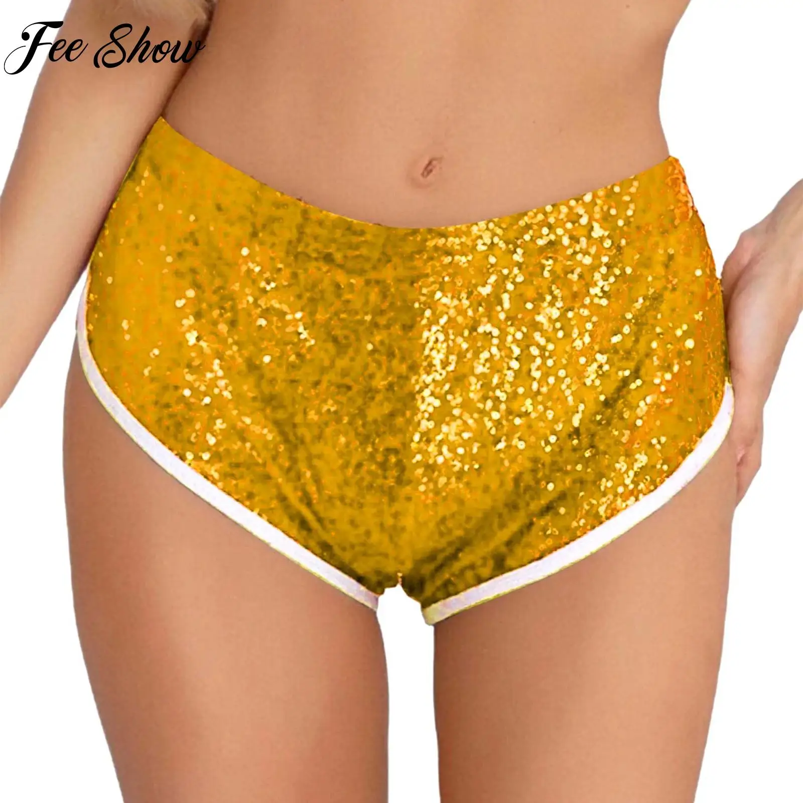 

Yoga Sports Shorts Womens Contrast Color Trim Sequins Dance Shorts Stretchy Hot Pants Gym Workout Fitness Activewear Dancewear