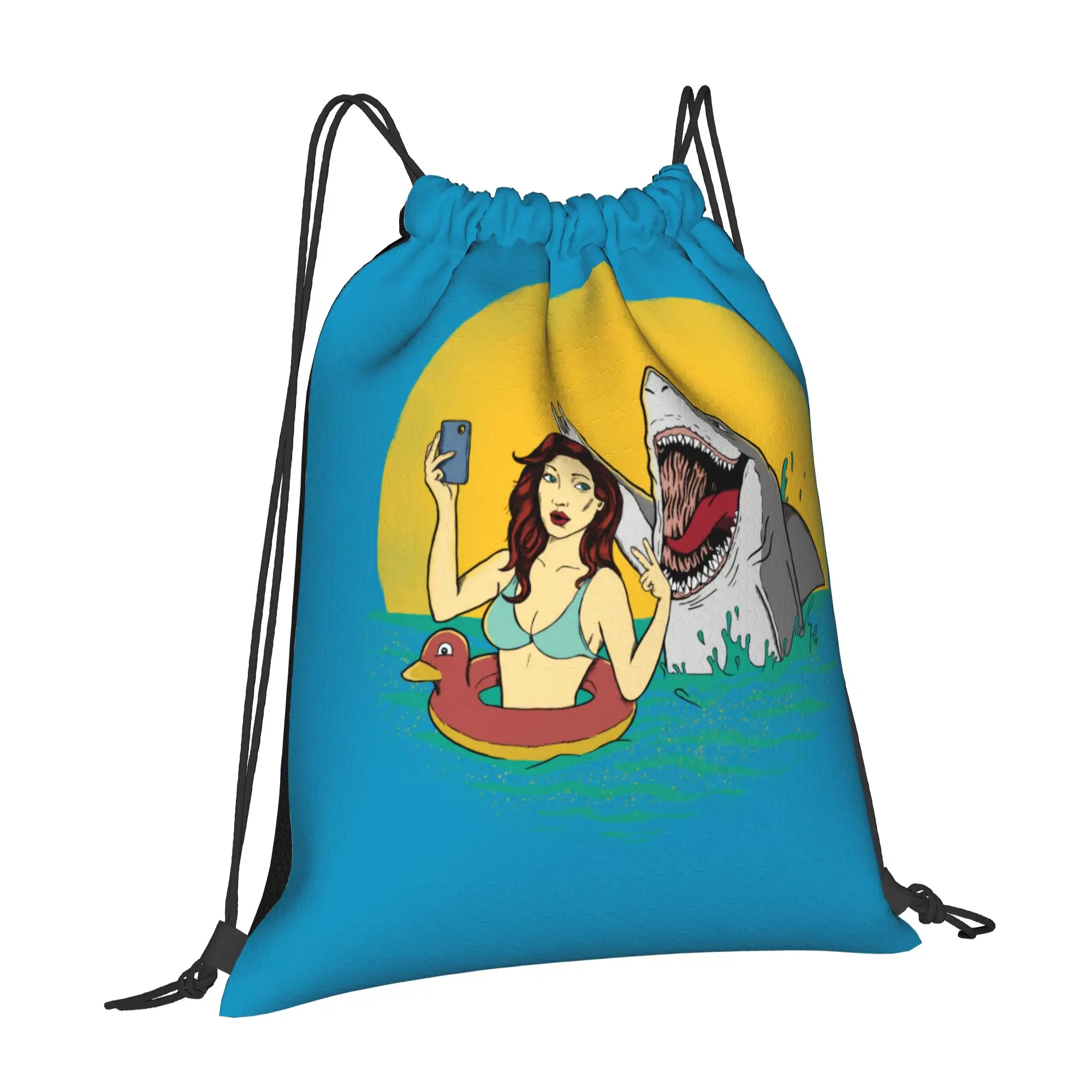 Custom Shark And Woman Drawstring Backpack Sports Gym Bag for Women Men  Shopping Sackpack view 2