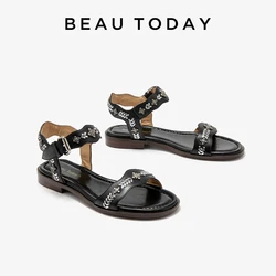 BEAUTODAY Flat Sandals Women Genuine Cow Leather Round Toe Back Strap Metal Decoration 2024 Summer Ladies Shoes Handmade 32438