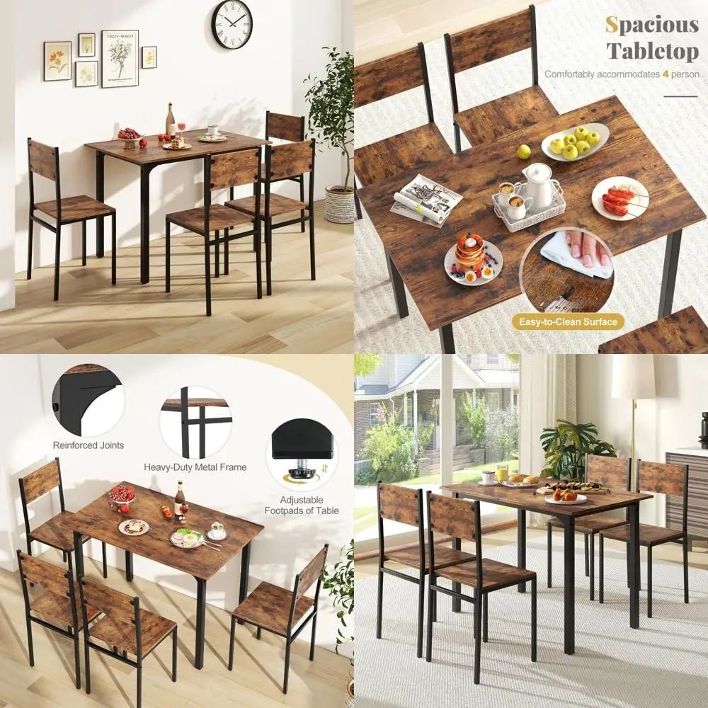 طقم طعام مطبخ بإطار معدني مكون من 5 قطع مع طاولة وكراسي، تصميم موفر للمساحة لـ 4 أشخاص