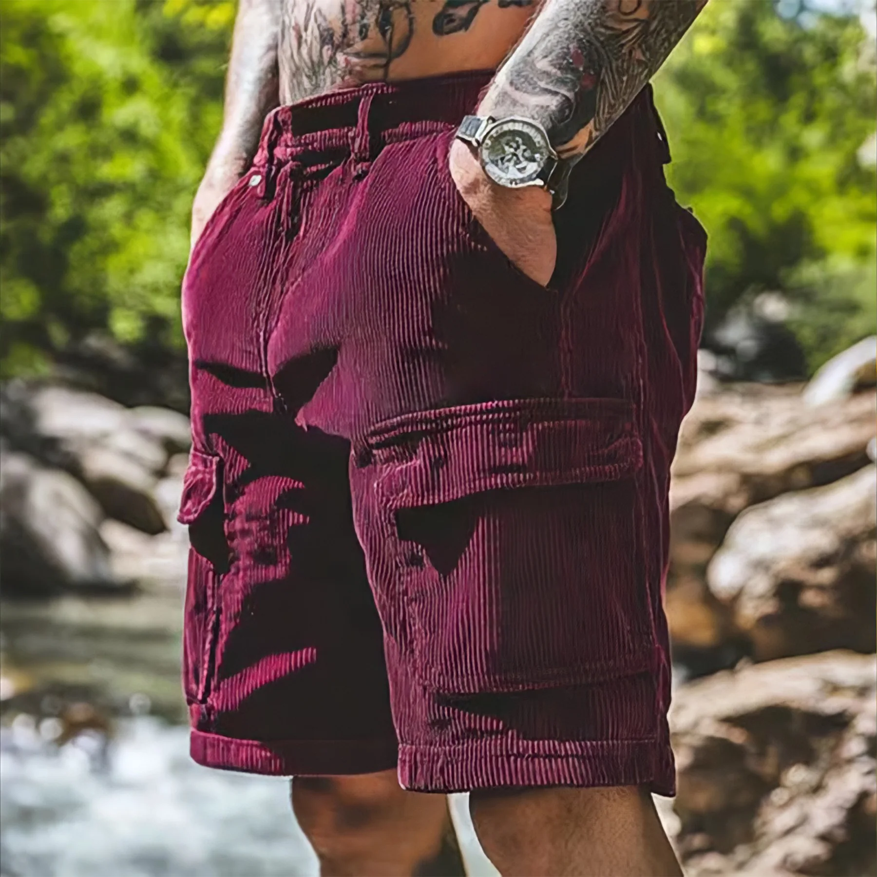 Vintage Cargo Shorts Men's Summer Trendy Retro Corduroy Short Pants Men's Casual Solid Color Shorts Sports Breathable Sweatpants