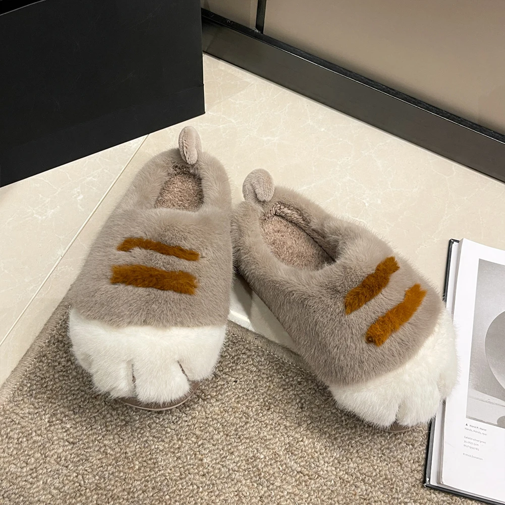 3D Cat Paw Plush Slippers Flat Thermal Slippers Anti Slip Fluffy Home Slippers Furry Paw Couple Slippers for Indoor Bedroom