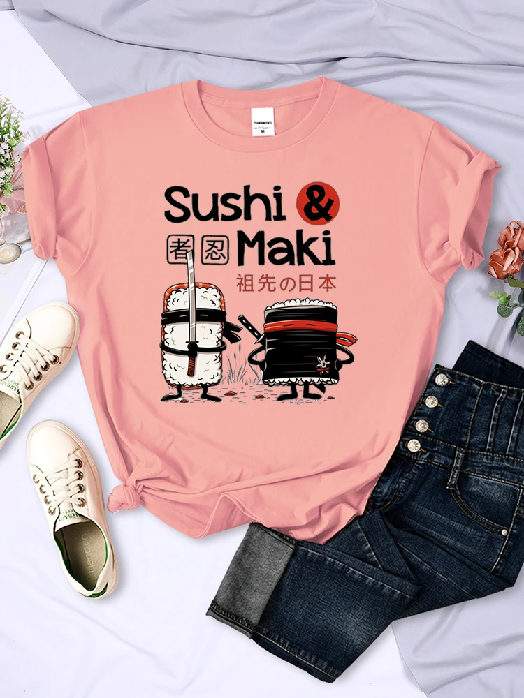 Japan Comics Ninja Sushi Print Women Clothing Oversized Summer Tops O-Neck Fashion Tee Clothes Breathable Brand Tshirt Women