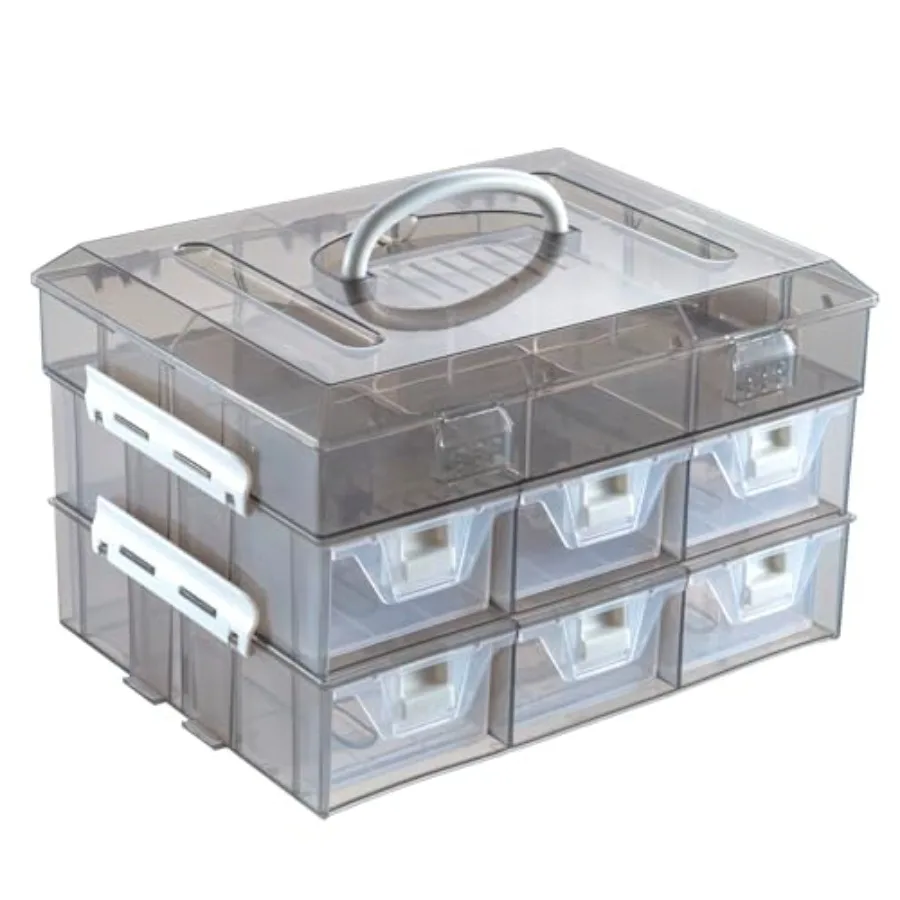 

11 Inch Smoke Gray Transparent Arts and Crafts Sewing Supplies Storage Organizer Case with White Accents 24 Customizable Compar