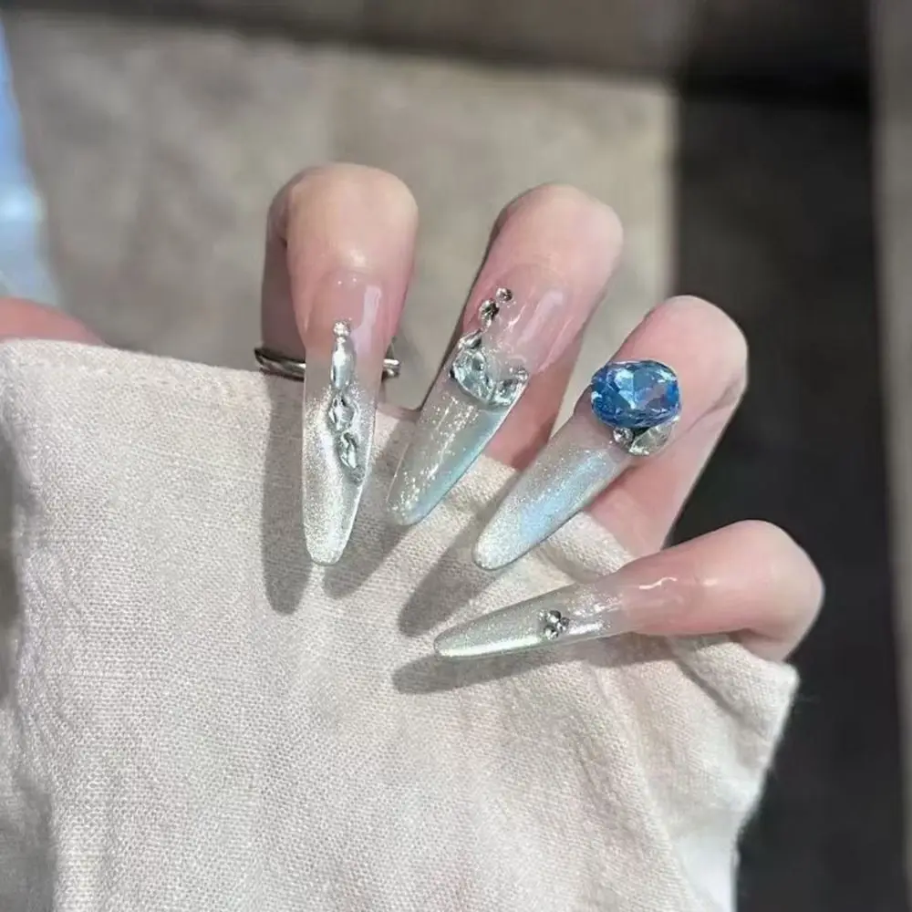 30pcs Long Almond Stiletto False Nails Shimmering Moonlight French Fake Nails Detachable Cat Eye Rhinestone Press on Nails DIY