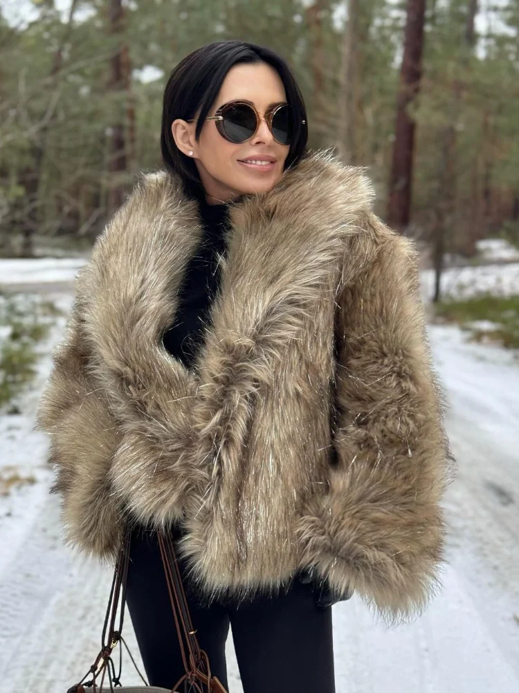 Fashion Lapel Warm Fluffy Furry Faux Fur Jacket Women Winter Oversize Thicken Soft Short Fox Fur Coat Female Casual Outerwear