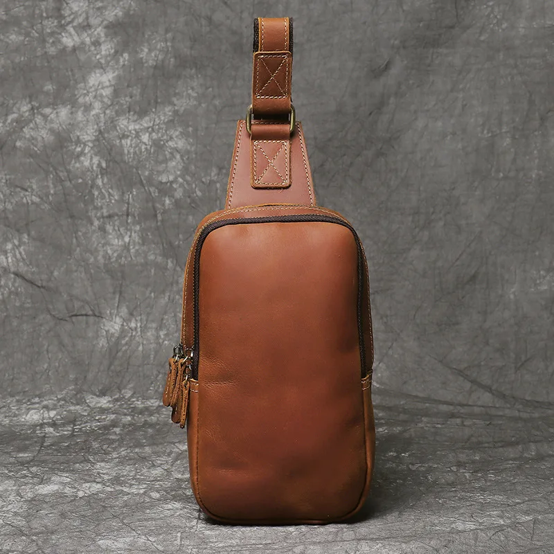 

YH3226 Crazy Horse Leather Men's Chest Bag, Genuine Leather Vertical Style, Top Layer Cowhide Retro Casual Crossbody Bag