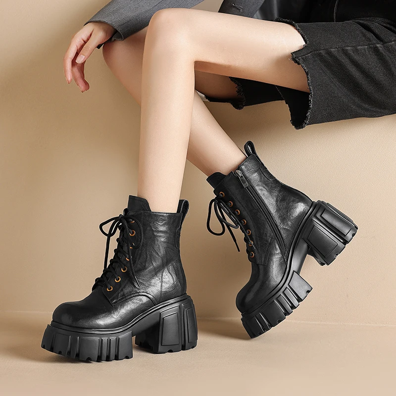 

2025 Original Fashion Women's Boots 100% Genuine Leather Cowhide Thick-soled Motorcycle Boots Lace-up Classic Shoes