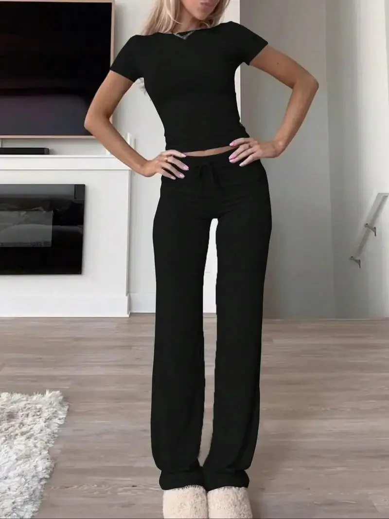 Summer Comfortable Casual Women's Home Sports Set 2025 New Fashionable Solid Color Slim Body Clothes + Trousers Two-piece Set - Image 3