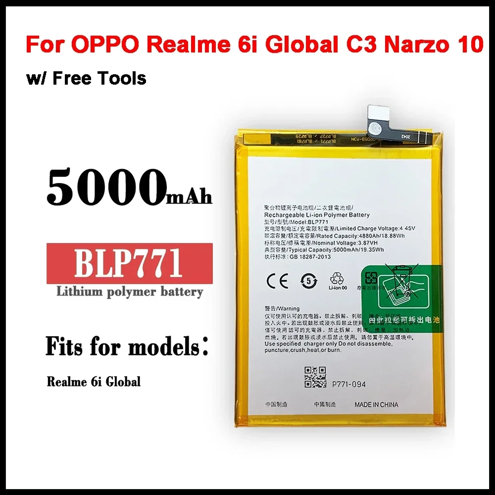 BLP771 5000mAh Replacement Battery for Realme 6i Global C3 Narzo 10 Mobile Phone Batteries + Tools