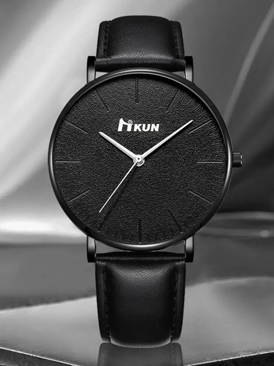 Montre à quartz simple, grand cadran rétro de haute qualité, classique, portefeuille en cuir noir, 2 pièces