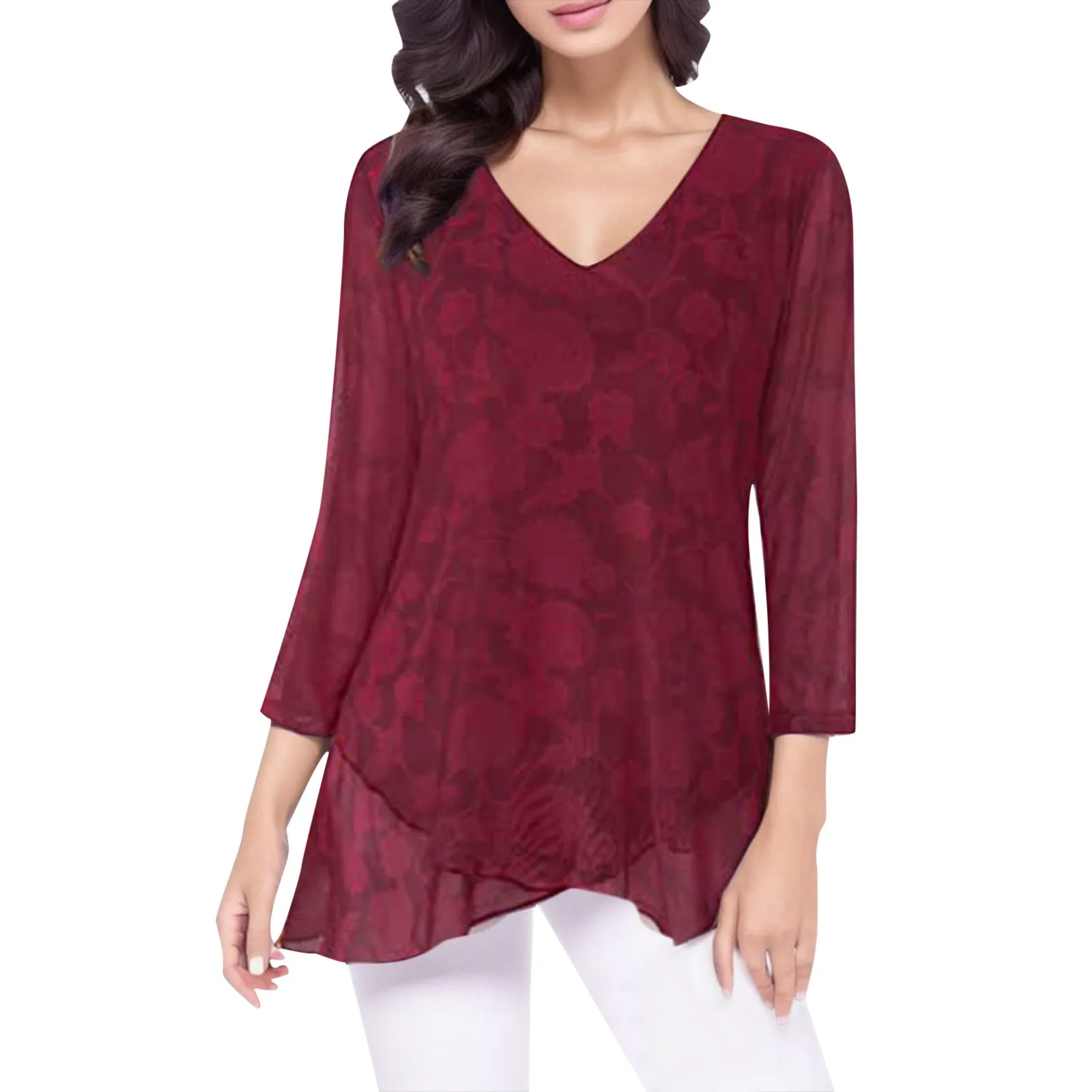 

Womens Dressy 3/4 Sleeve Tunic Tops Asymmetric Hem Blouses Lightweight Mesh Solid Color Shirts Womens Full T Shirts for Women