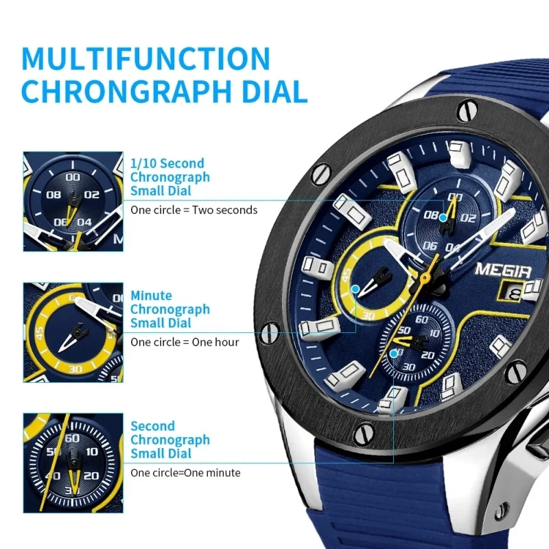 MEGIR 2053 Men's Quartz Watches Luminous Sports Chronograph Date Waterproof Silicone Strap Multifunctional Wristwatch for Man