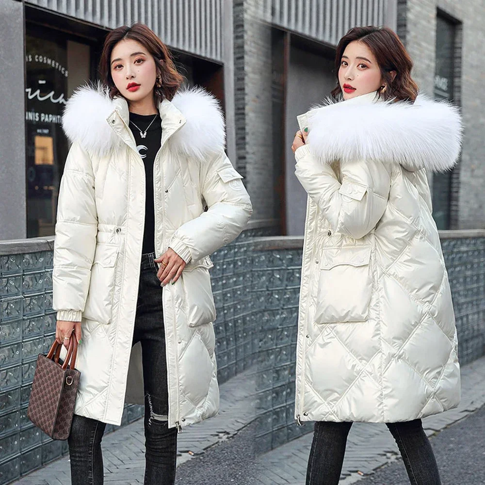 Winter Women Glossy Down Cotton-Padded JacketJoker Casual Loose Fur Collar Padded Warm  Coat Outcoat Fashion Outerwear