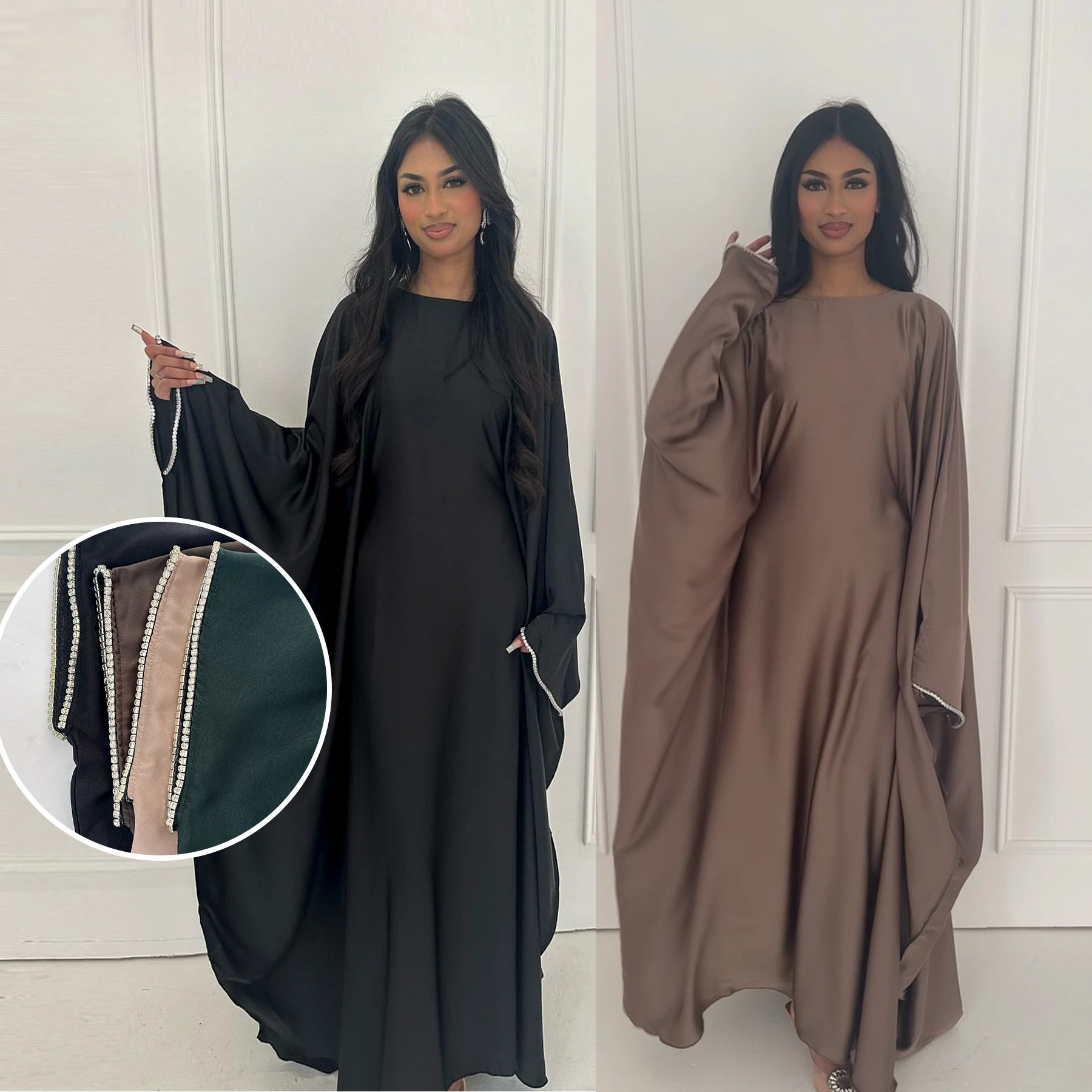 Abito alla moda musulmano Colori puri Manica a farfalla in raso Decorazione con strass Polsino Dubai Abiti lunghi larghi femminili Abiti fluenti