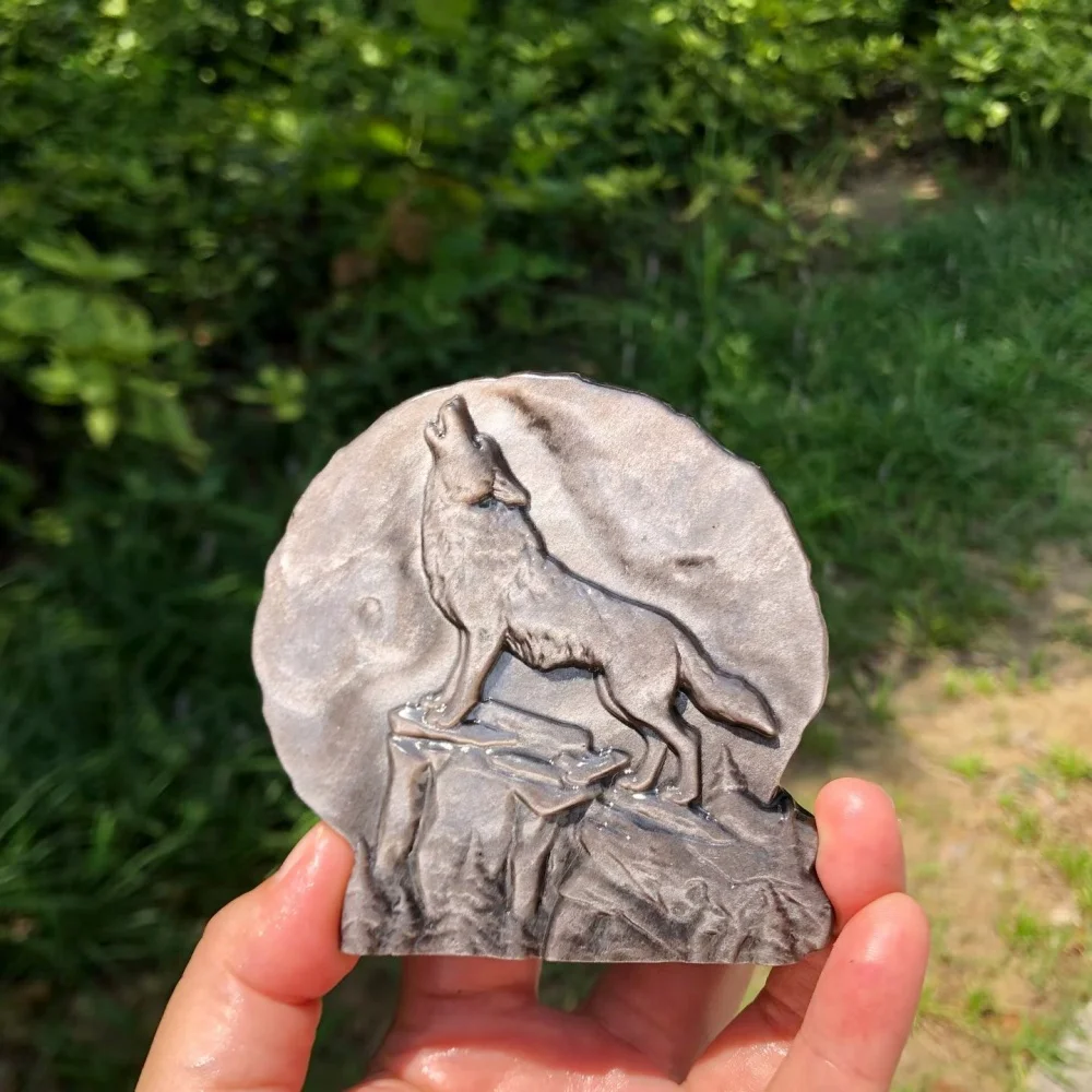 Natural Silver Obsidian Wolf Statue Carving Energy Healing Polished Mineral Home Decor Ornament Animal Figurine