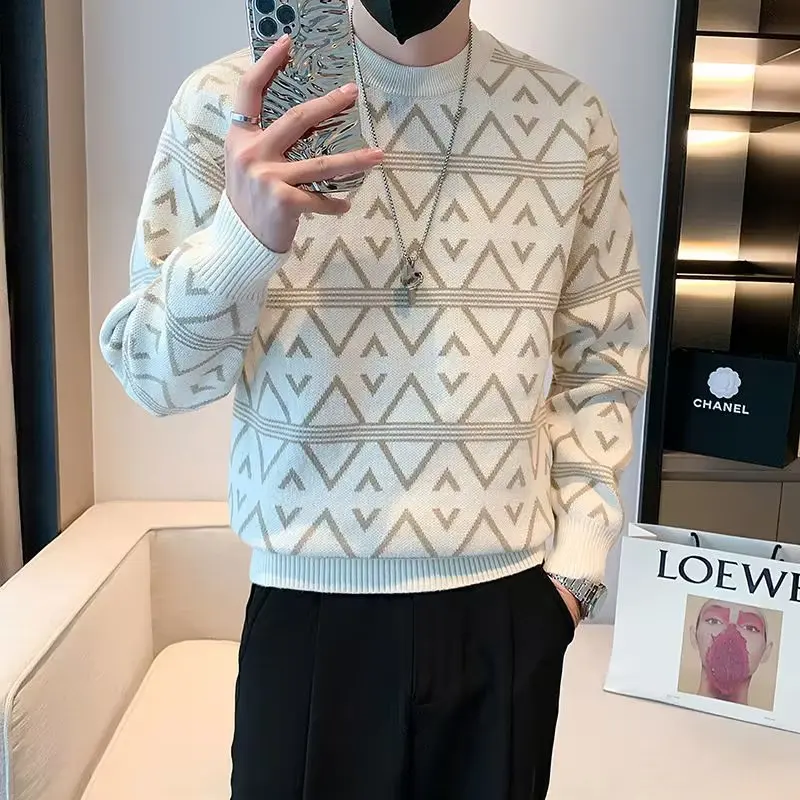 Autumn Winter Men\'s Sweater High Quality Knitted Geometric O Neck Sweater Japan Harajuku High Street Slim Fit Top Men\'s Clothing