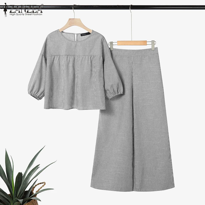 2026 ZANZEA Autumn Spring Outfits Women Pants Sets Striped Tracksuit 2 Piece Sets 3/4 Puff Sleeve Blouse Wide Leg Trousers Suit