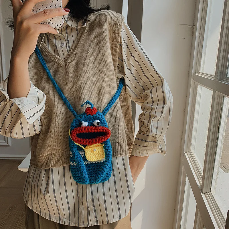 Handmade Ugly cute sausage mouth mobile phone bag hand-knitted bag women's wool knitted bag mini cross-body bag crochet bag